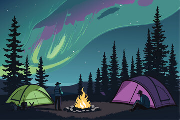 Majestic aurora borealis illuminating a serene camping scene under a vibrant night sky.  Silhouetted tents and starry expanse.