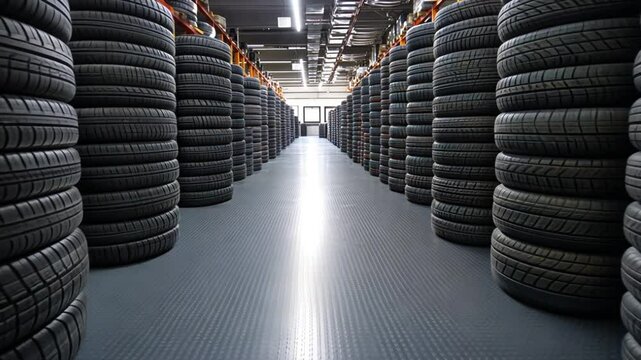Tire warehouse aisle.  Rows of tires stacked high
