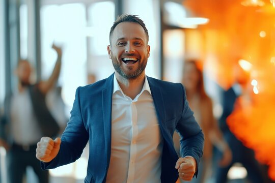 Strong colors and graphic accents in orange highlight businessman confident stance, perfect for banners that promote corporate identity or human resource initiatives.