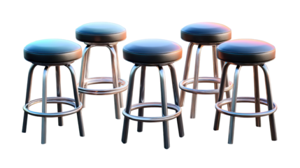 Stylish Bar Stools: Five sleek, adjustable bar stools are arranged in a modern composition. Their sturdy metal frames and comfortable cushioned seats offer a perfect blend of style and functionality.