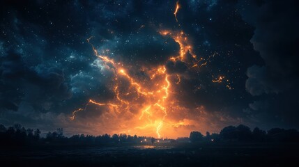 Naklejka premium Dramatic celestial display with electrifying thunderstorm at dusk scenery