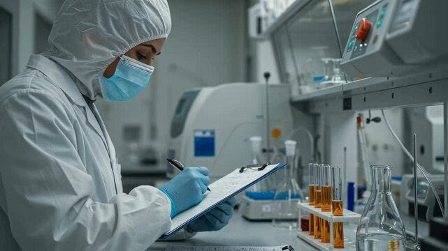 Scientist in sterile lab coat meticulously documenting research findings on clipboard, advanced laboratory equipment visible in background, high-quality scientific research process - Powered by Adobe