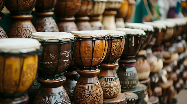Hand-carved wooden drums displayed at a market.