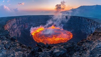Volcanic crater ablaze at dawn