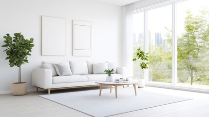 Modern, minimalist living room with city views