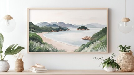 Serene Coastal Landscape Artwork Featuring Beach, Mountains, and Lush Greenery in Minimalist Decor