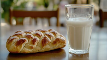Traditional braided bread beside chilled milk in frosted glass, natural lighting