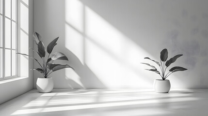 Indoor plants in minimalist design bright natural light modern white background serene environment
