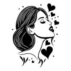 Romantic girl profile with heart-shaped accents for Valentine's Day design