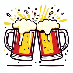 Clinking Beer Mugs Celebration with Foam and Bubbles