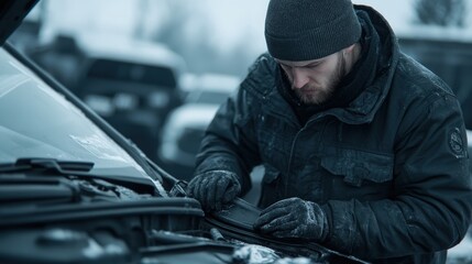 A man in winter clothing repairs a car engine outdoors on a cold, snowy day.