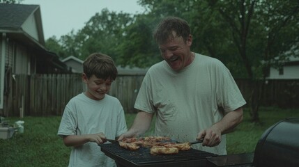 Father and son cooking outdoors on a rainy day