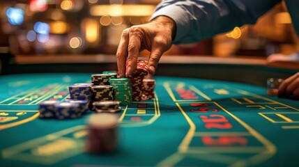 close-up image depicting the captivating world of casino gambling with a hand strategically placing poker chips on a vibrant roulette table