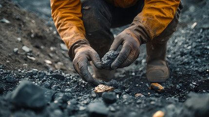 Miner Examining Coal in a Mining Site