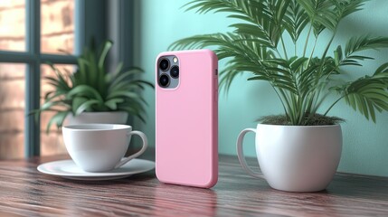 Pink phone case with plants, and coffee.