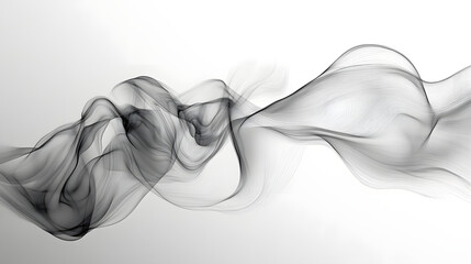 Fluid motion of black smoke on horizontal pure white background abstract art minimalist close-up