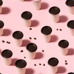Seamless pattern of coffee cups and beans on pink background. Takeaway drink concept. Cafe or coffee shop design. Top view of disposable cups for branding and packaging