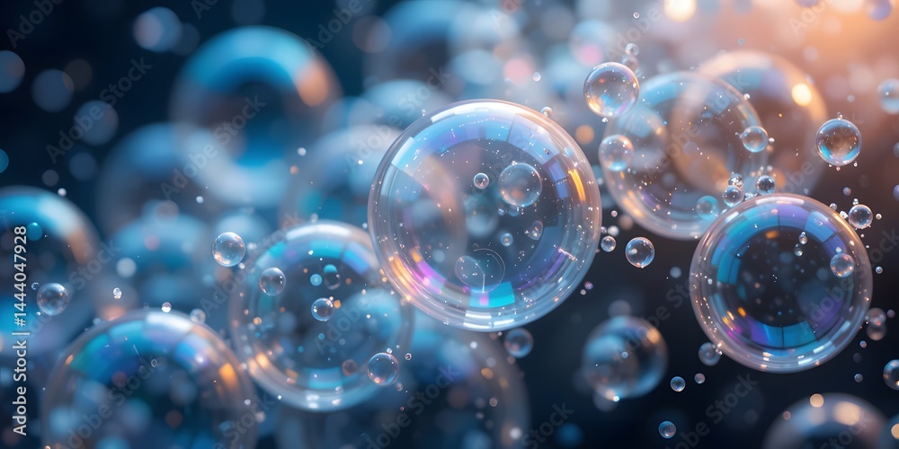 Poster iridescent soap bubbles, a mesmerizing dance of light, reflecting rainbow hues. delicate spheres shi