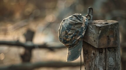 Close-Up of Military Helmet on Wooden Post