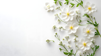 Fototapeta premium Delicate white flowers arrangement on horizontal pure white background nature photography aesthetic view