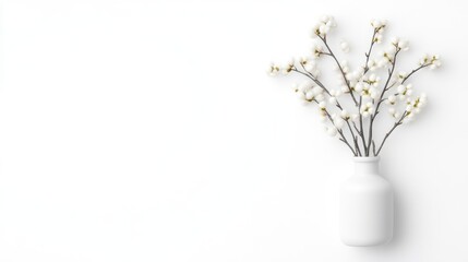A white ceramic vase with delicate white flowers on a minimalist white background, elegant floral arrangement, and simplicity and purity concept.