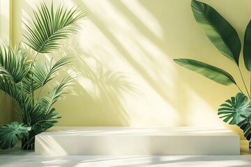 White platform with tropical plants
