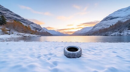 Lone Tire on Snowy Beach Serene Landscape High-Definition Vivid Colors Wide Landscape Shot Winter Scene Environmental Concerns Cold Serenity Perfect for Eco-Awareness Campaigns