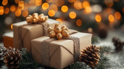 Elegant christmas presents wrapped in kraft paper with golden ornament