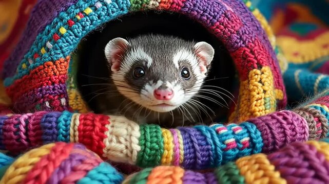 Curious ferret peeking out from a colorful knitted blanket, surrounded by vibrant patterns and textures