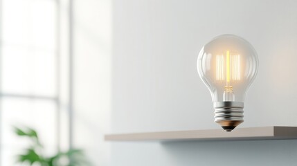 Illuminated light bulb on a shelf