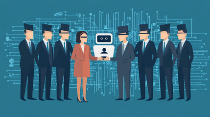 Business People Collaborating with Robot and Connecting Technology in Modern Office Environment