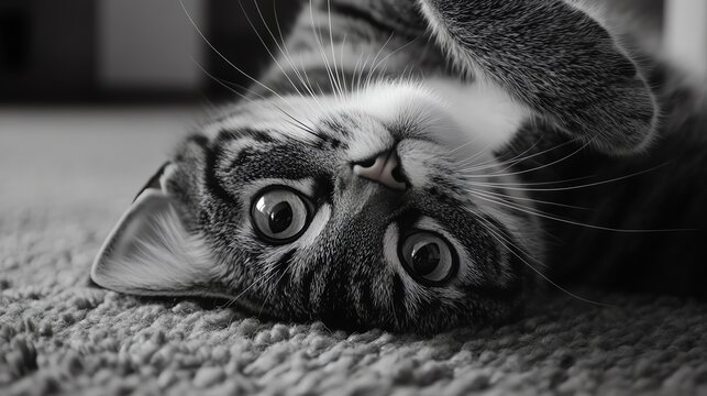 Playful tabby cat upside down on carpet