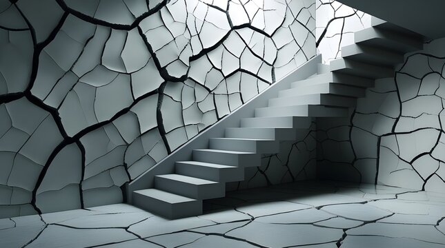Modern Staircase with Cracked Wall Aesthetic &ndash; Surreal Interior Design Concept
