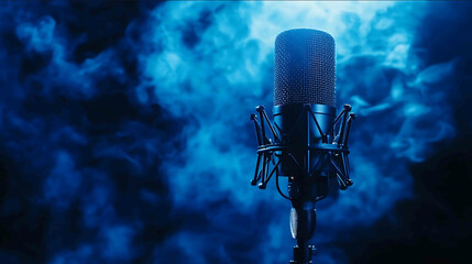 Dark blue background in a professional studio microphone capturing voice with audio waveform perfect for recording studio broadcasting or podcasting with copy space image