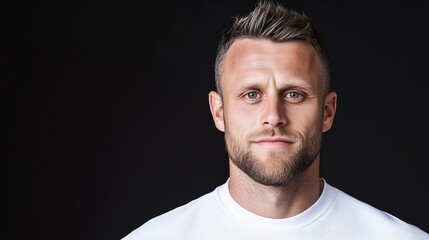 Close-up portrait of a man in a white t-shirt against a black background