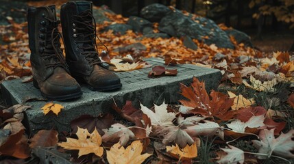 A pair of boots placed next to a memorial stone surrounded by fallen leaves
