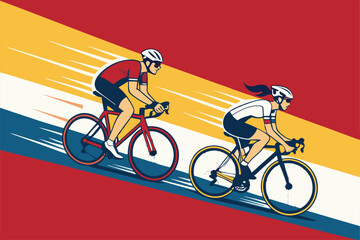 Design a vibrant banner showcasing a male and female cyclist mid-race, emphasizing speed and athleticism.  Include dynamic movement and a cycling-themed background.