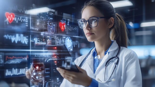 Healthcare technology innovation medical professional analyzing data in a modern hospital environment