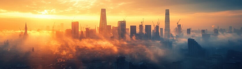 Fototapeta premium Stunning Urban Skyline at Sunrise with Skyscrapers and Cranes Emerging Through Morning Fog in a Vibrant Cityscape