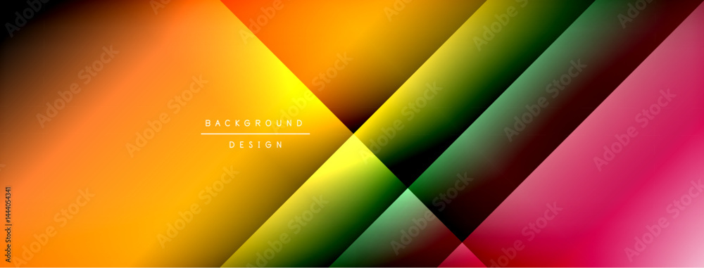 Poster Abstract gradient layers create dynamic visual effect. Bright colors blend, forming modern background design. Smooth transitions, geometric shapes.