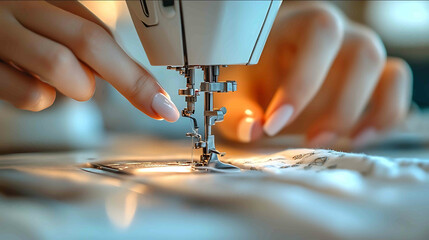 Create an image of a modern sewing machine so that the hands and fabric are visible in the frame Closeup image The image should be light and have pastel colors