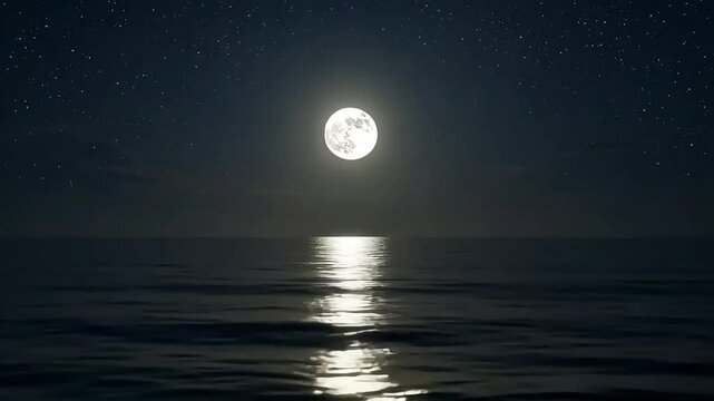 full moon at sea at night, amazing view landscape video looping background for live wallpaper, Full Moon over a Calm Sea at Night.