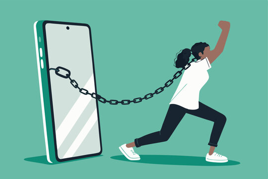 Design a poster for a digital detox campaign showing a person triumphantly breaking a chain of smartphones.  Emphasize freedom and mental wellbeing.