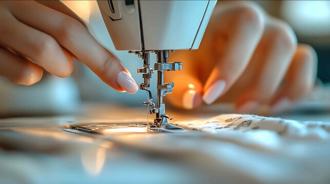 Create an image of a modern sewing machine so that the hands and fabric are visible in the frame Closeup image The image should be light and have pastel colors