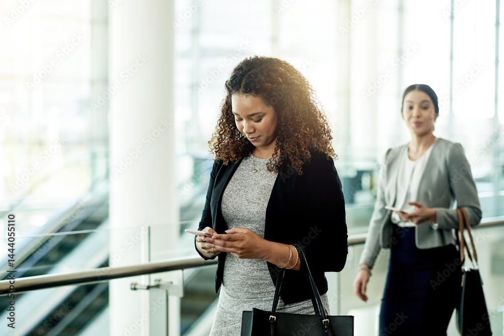Poster professional, woman and typing with phone in office for text message, direction search and communica
