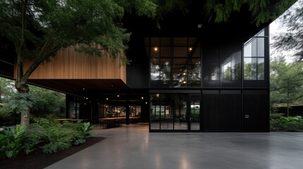 Modern contemporary office building with outdoor patio and lush greenery