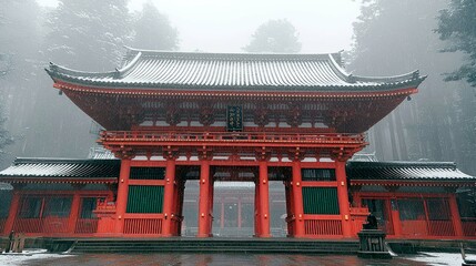 Majestic Red Gate of a Japanese Temple in Winter Snow