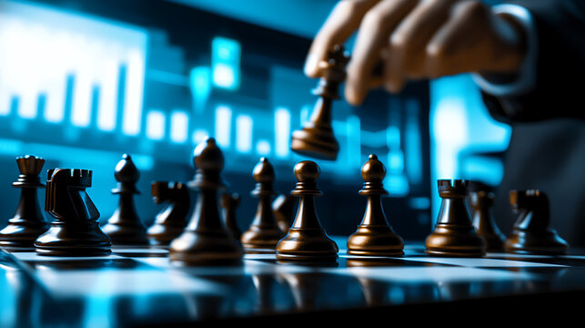 Strategic chess move analysis business meeting room digital presentation corporate environment close-up focus thought leadership