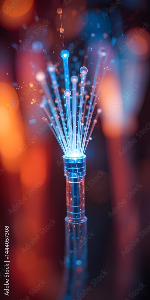 Poster fiber optic cable, glowing with vibrant light. technology showcasing illuminated tips. data transfer