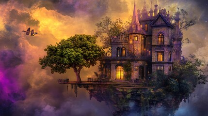 Floating castle in a dreamy sky landscape